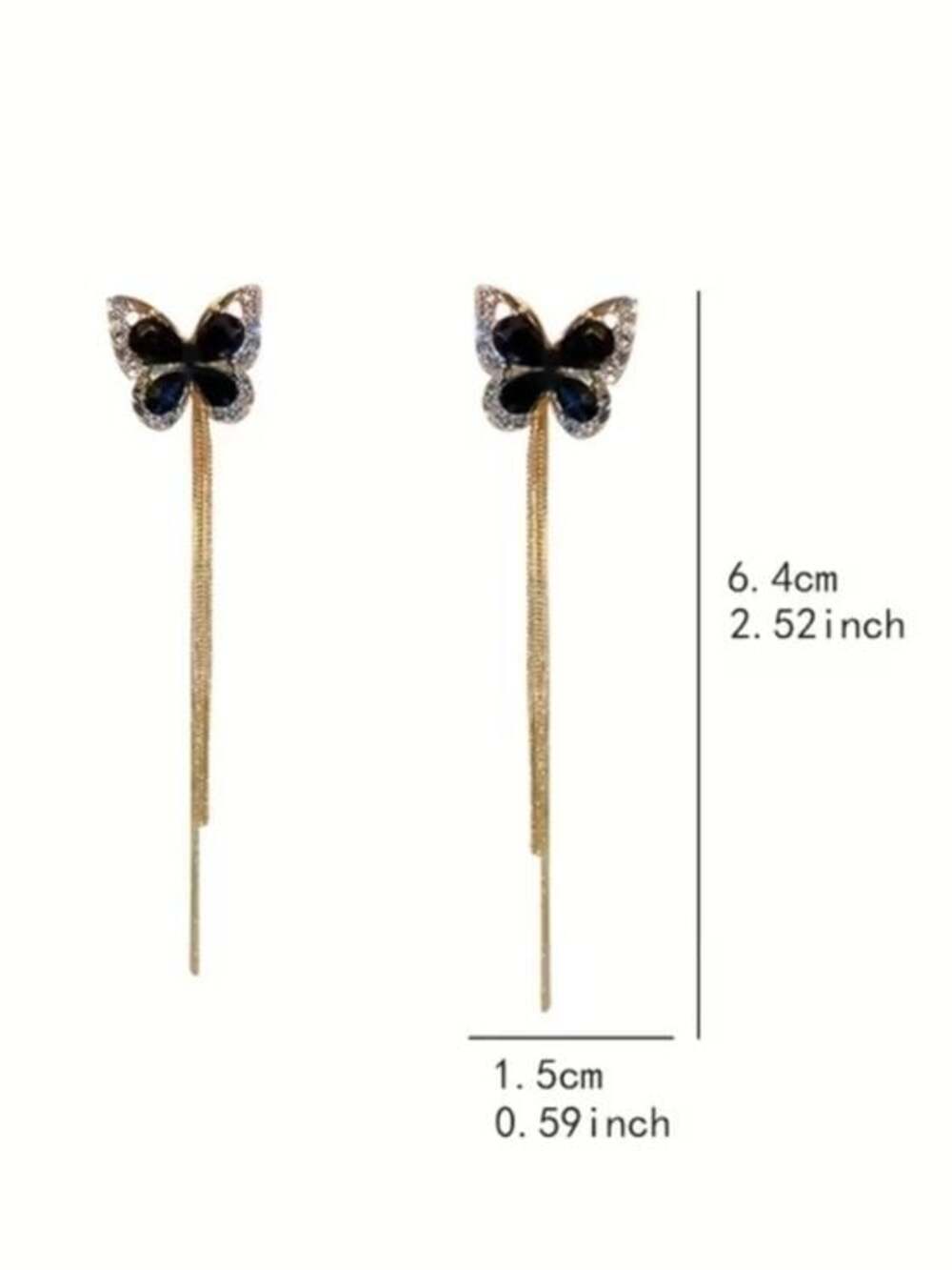 Gold Butterfly Drop Earrings with Black Enamel Accent - Picture 3 of 4